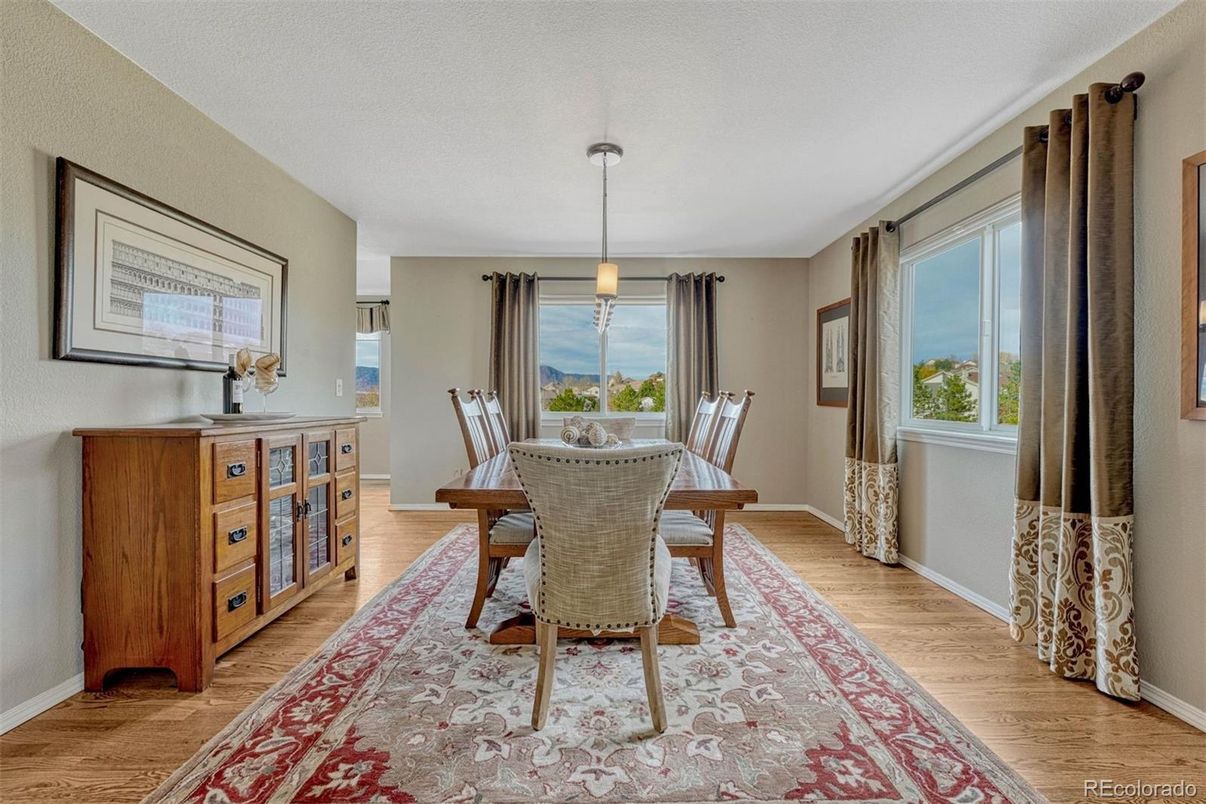 Dining room, Interior, Pendant Lights, Wood Texture Flooring