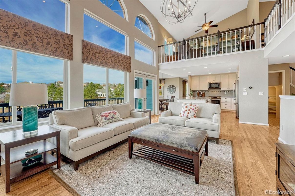 Chandelier, Interior, Kitchen, Living room, Pendant Lights, Recessed Lighting, Stainless Steel Appliances, Wood Texture Flooring