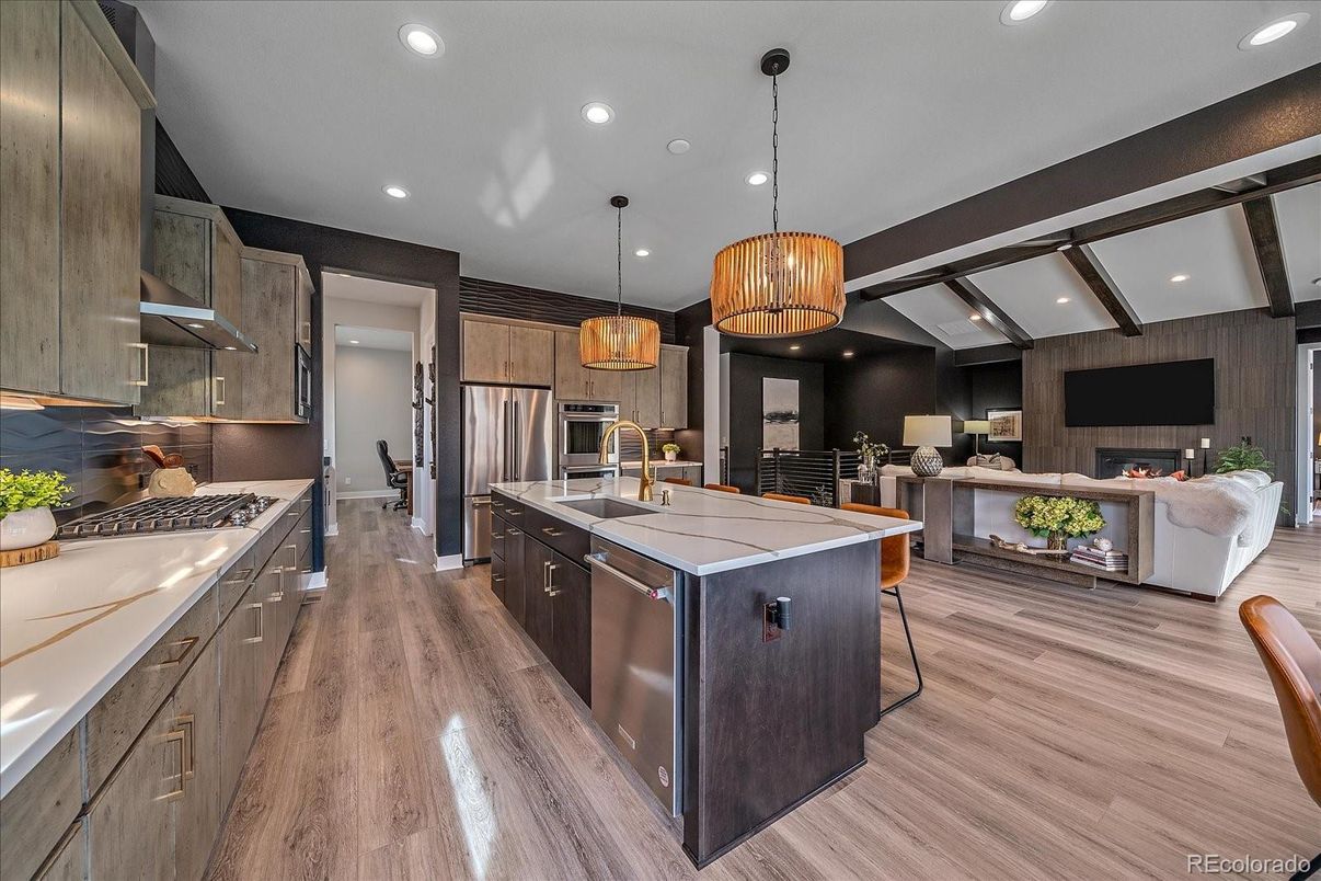 Fireplace, Interior, Kitchen, Living room, Pendant Lights, Recessed Lighting, Stainless Steel Appliances, Wood Texture Flooring