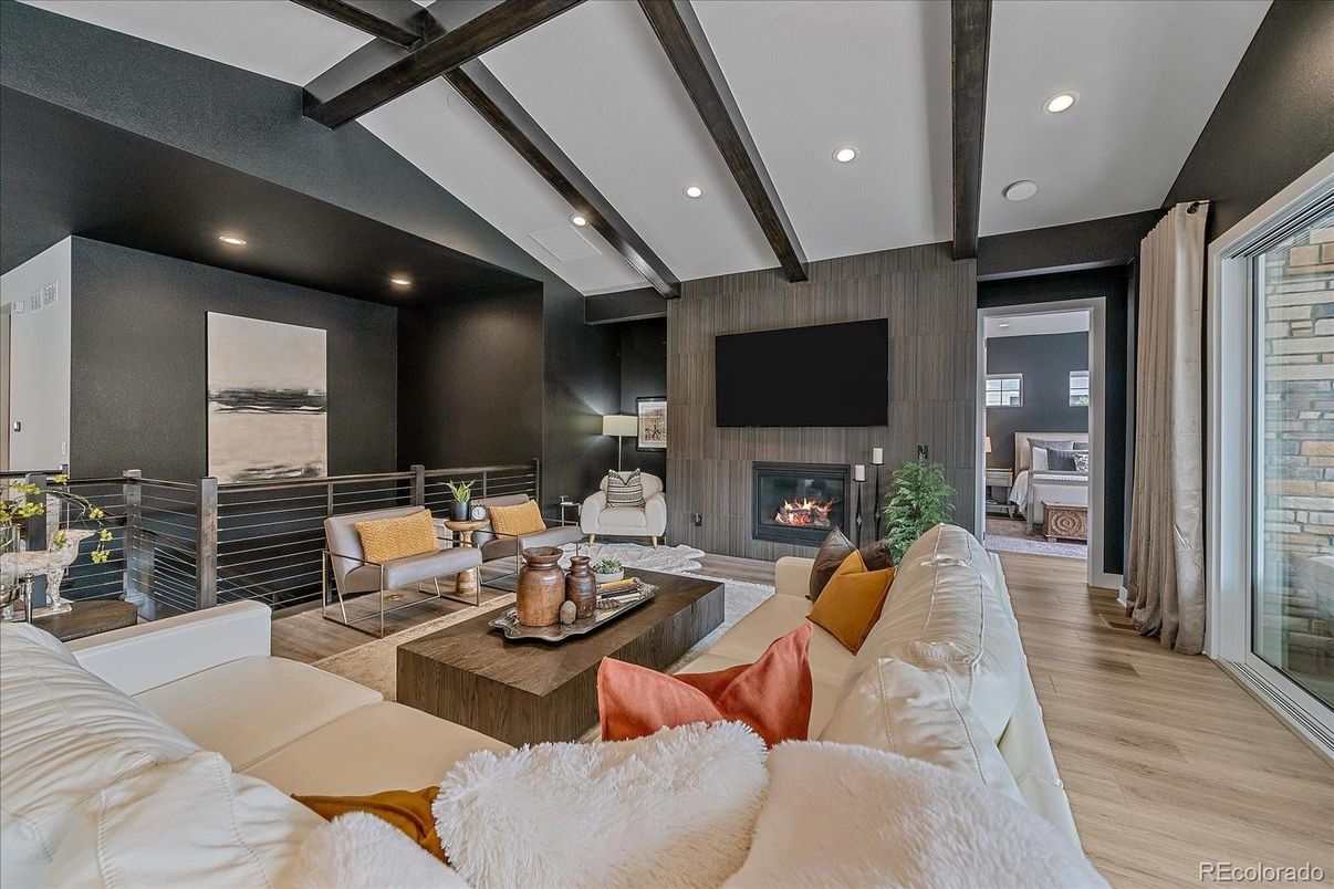 Fireplace, Interior, Living room, Recessed Lighting, Wooden Beams, Wood Texture Flooring