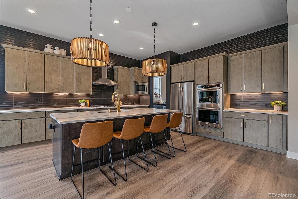 Interior, Kitchen, Pendant Lights, Recessed Lighting, Stainless Steel Appliances, Wood Texture Flooring