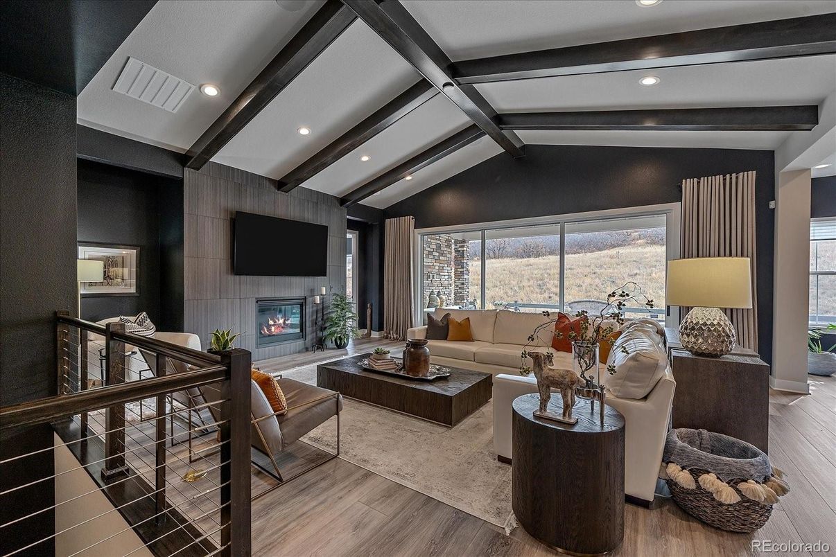 Fireplace, Interior, Living room, Recessed Lighting, Wood Texture Flooring