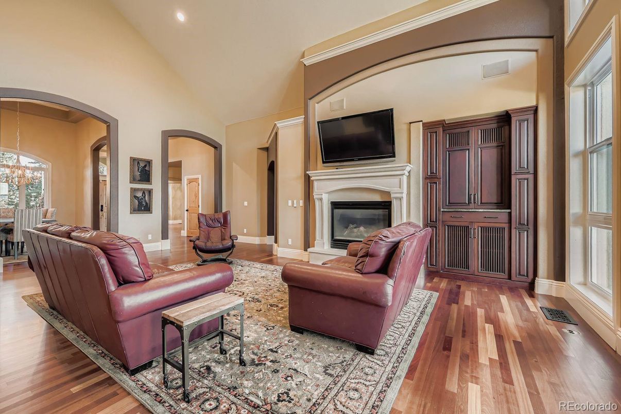 Fireplace, Interior, Living room, Recessed Lighting, Wood Texture Flooring