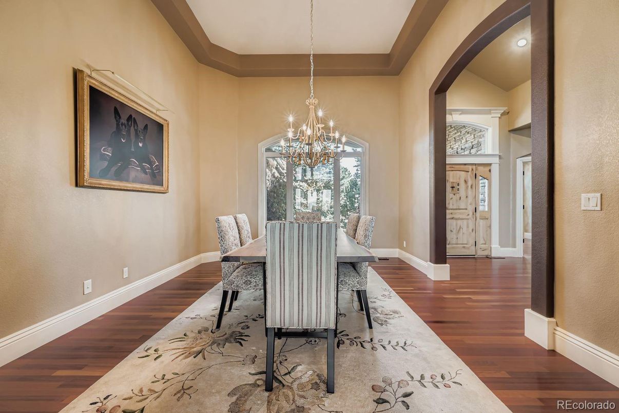 Chandelier, Dining room, Interior, Wood Texture Flooring