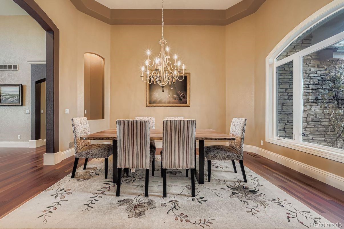 Chandelier, Dining room, Interior, Wood Texture Flooring
