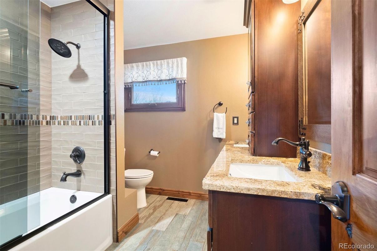 Bathroom, Glass Shower, Interior, Wood Texture Flooring