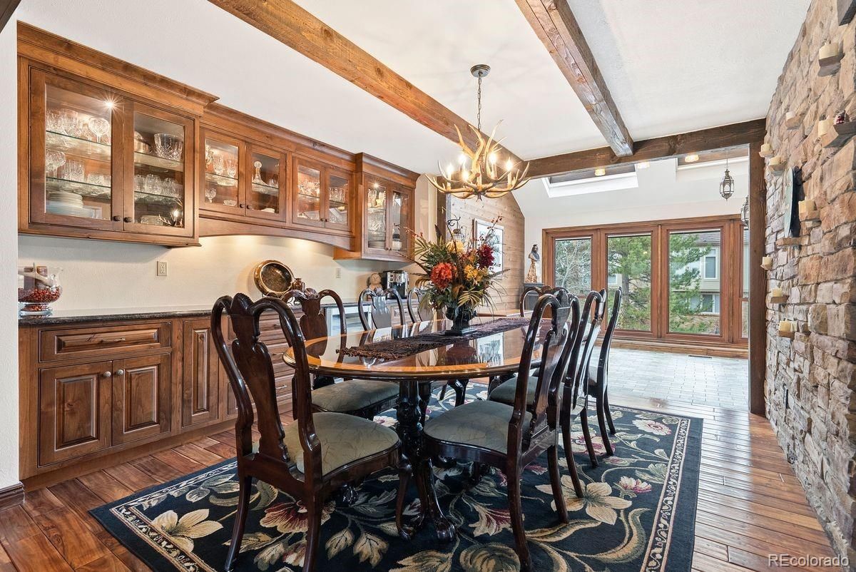 Chandelier, Dining room, Interior, Pendant Lights, Stone Walls, Wooden Beams, Wood Texture Flooring