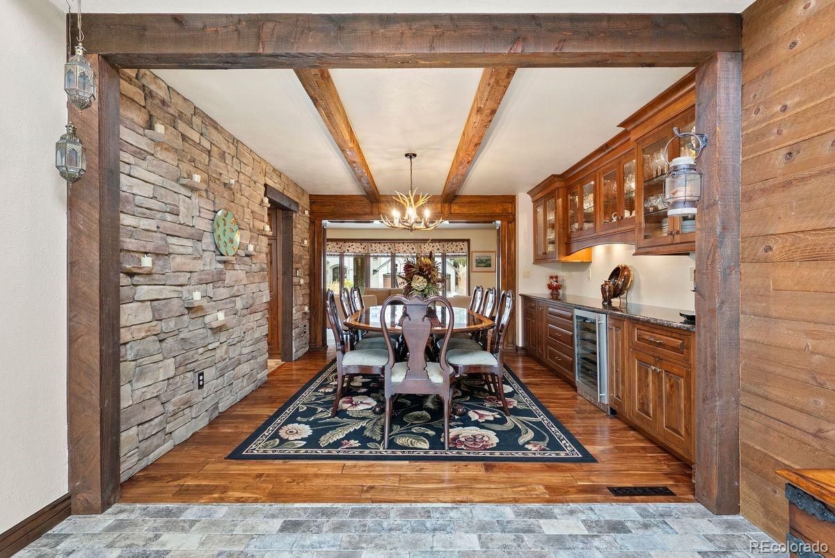 Chandelier, Dining room, Interior, Stone Walls, Wooden Beams, Wood Texture Flooring, Wooden Walls