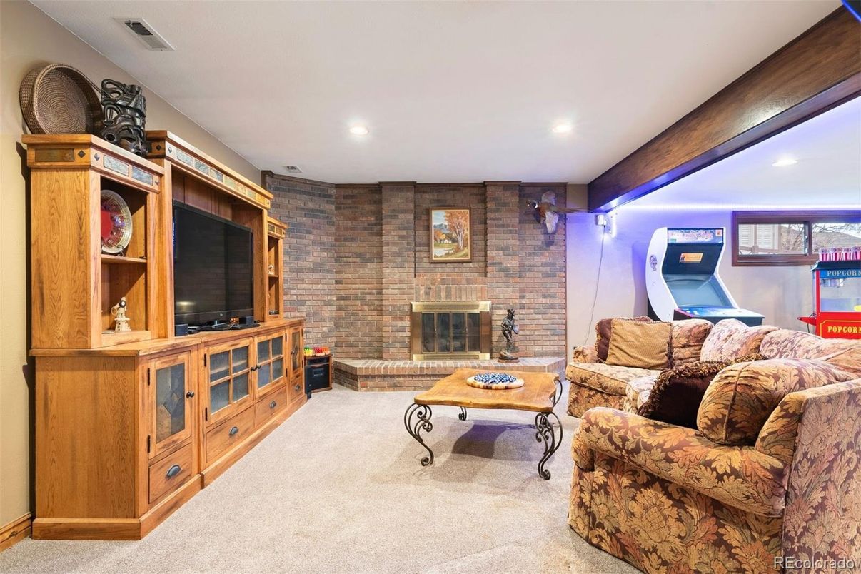 Fireplace, Interior, Living room, Recessed Lighting, Stone Walls