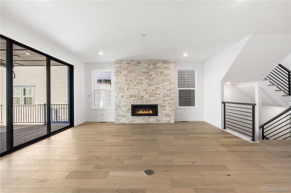 Empty room, Fireplace, Interior, Recessed Lighting, Wood Texture Flooring