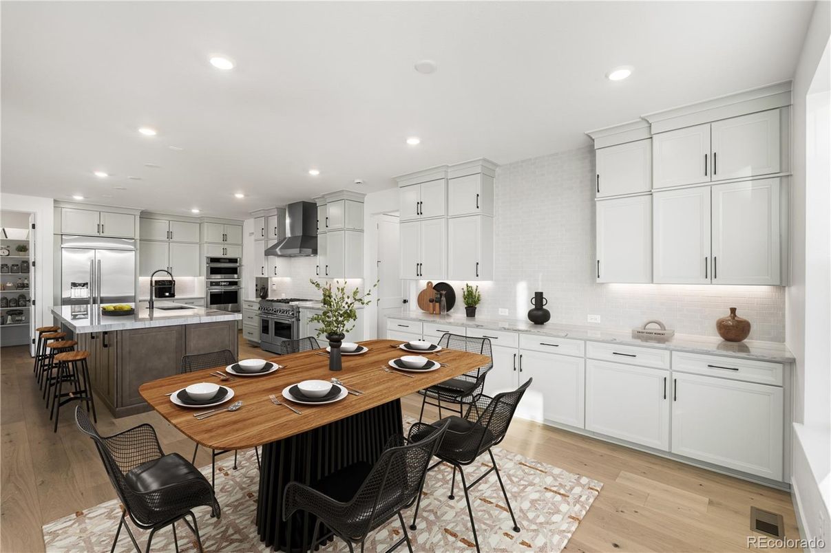 Dining room, Interior, Kitchen, Recessed Lighting, Stainless Steel Appliances, Wood Texture Flooring