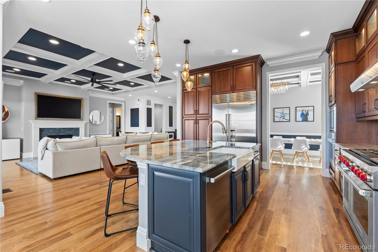 Fireplace, Interior, Kitchen, Living room, Pendant Lights, Recessed Lighting, Stainless Steel Appliances, Wood Texture Flooring