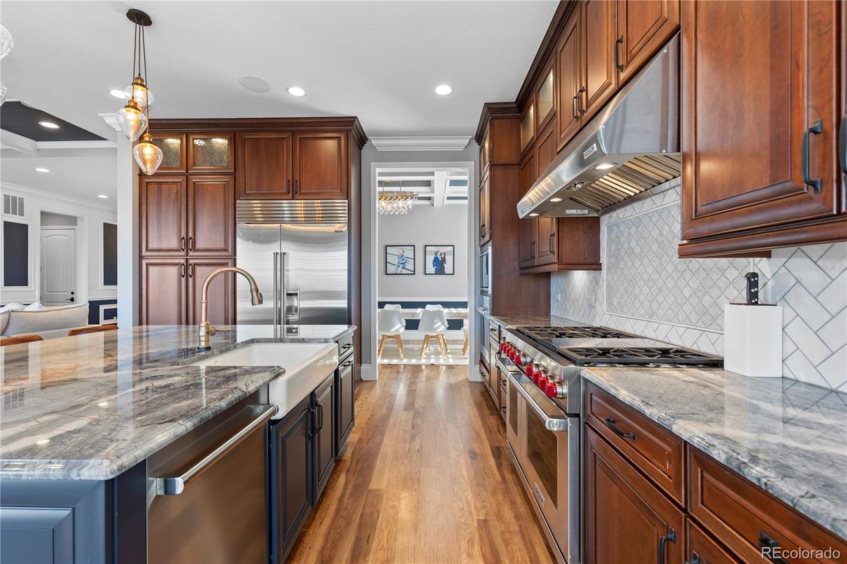 Interior, Kitchen, Pendant Lights, Recessed Lighting, Stainless Steel Appliances, Wood Texture Flooring