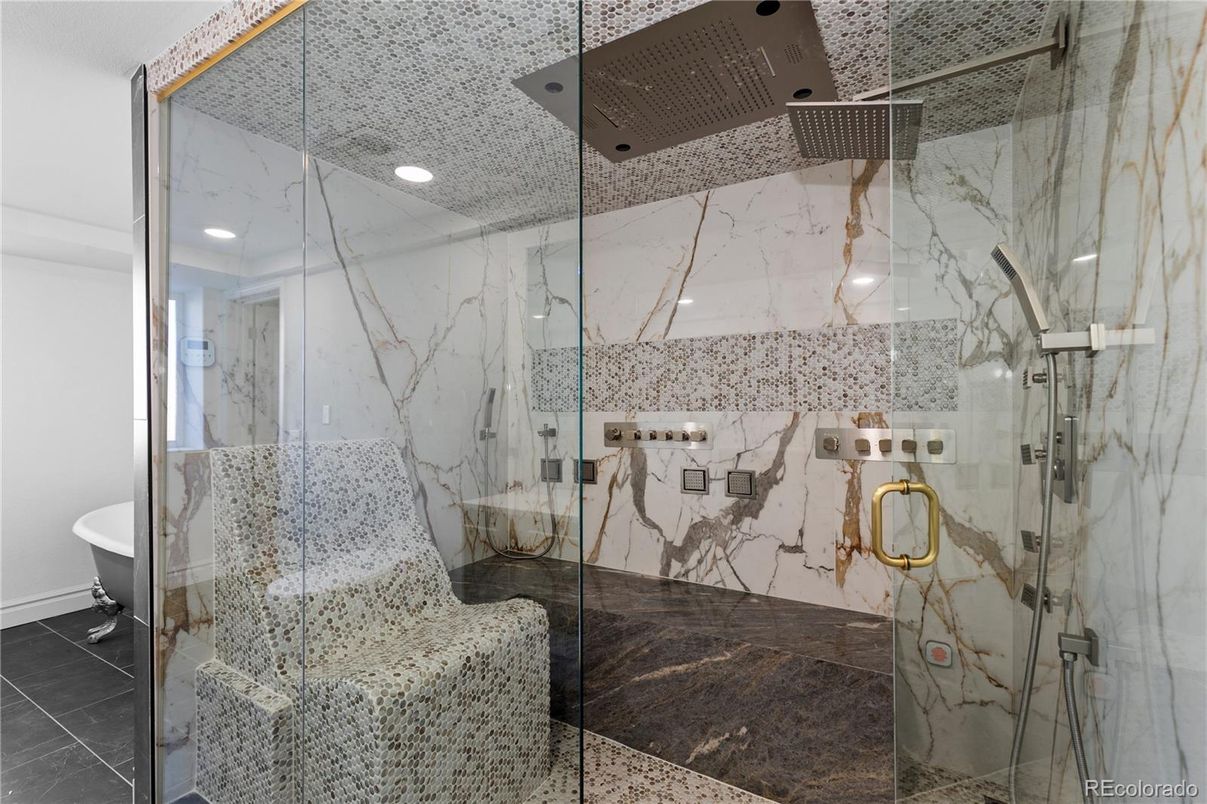 Bathroom, Glass Shower, Interior, Marble Walls, Recessed Lighting