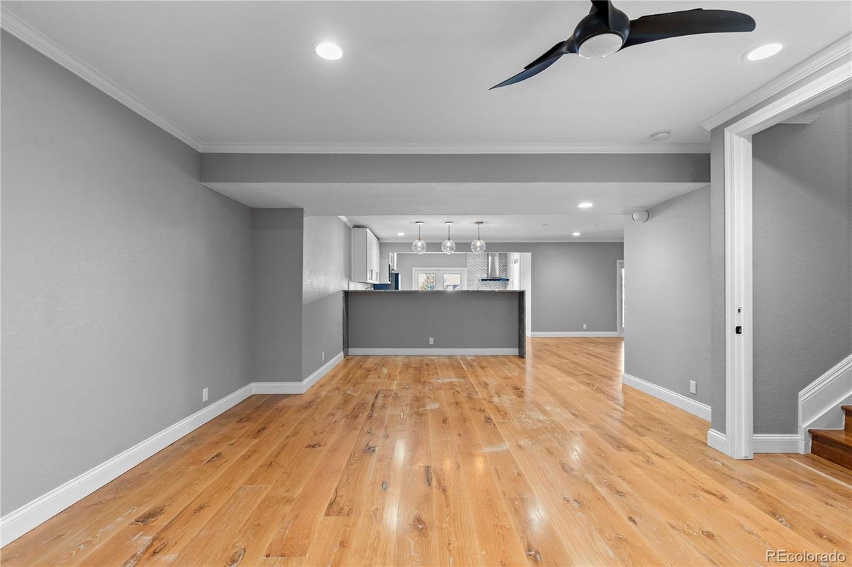 Empty room, Interior, Kitchen, Pendant Lights, Recessed Lighting, Wood Texture Flooring