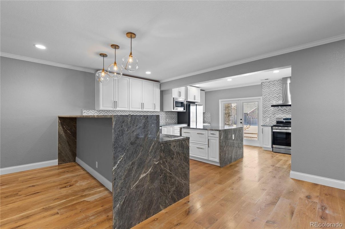 Interior, Kitchen, Pendant Lights, Recessed Lighting, Stainless Steel Appliances, Wood Texture Flooring