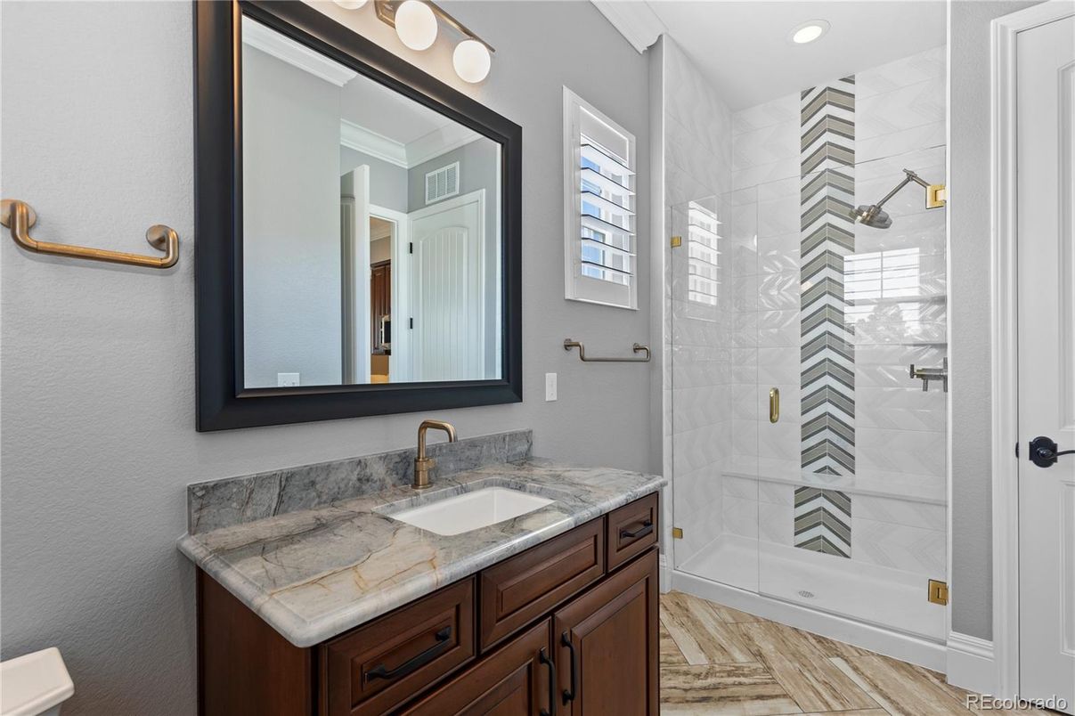 Bathroom, Glass Shower, Interior, Recessed Lighting, Wood Texture Flooring