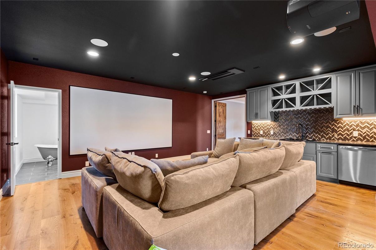 Interior, Projection Screen, Recessed Lighting, Theatre Room, Wood Texture Flooring