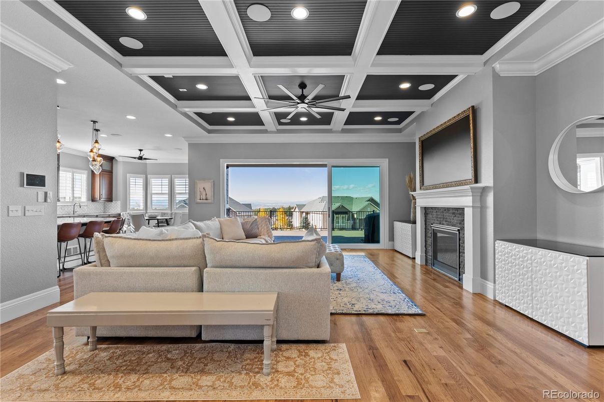 Fireplace, Interior, Living room, Pendant Lights, Recessed Lighting, Wood Texture Flooring