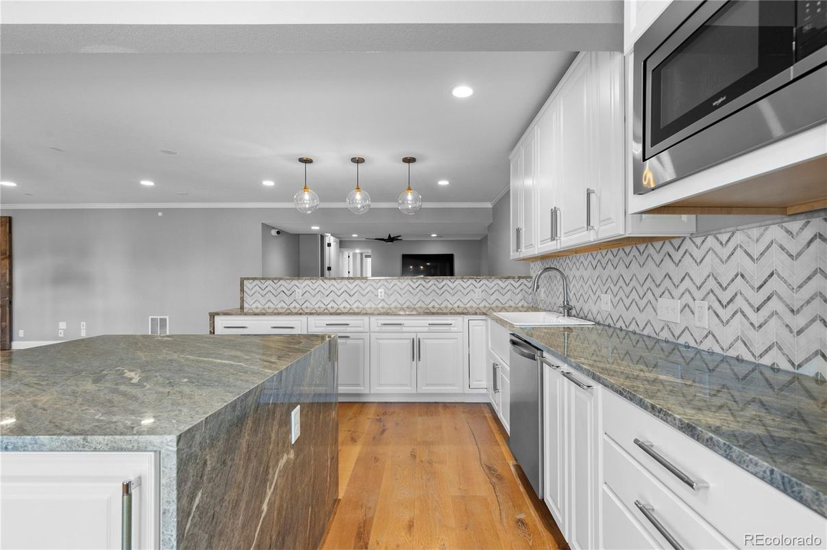 Interior, Kitchen, Pendant Lights, Recessed Lighting, Stainless Steel Appliances, Wood Texture Flooring