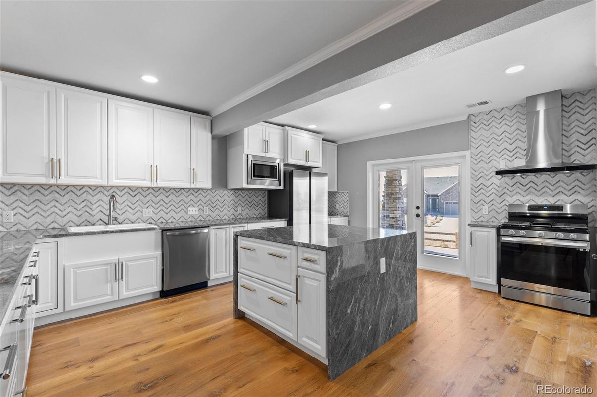 Interior, Kitchen, Recessed Lighting, Stainless Steel Appliances, Wood Texture Flooring