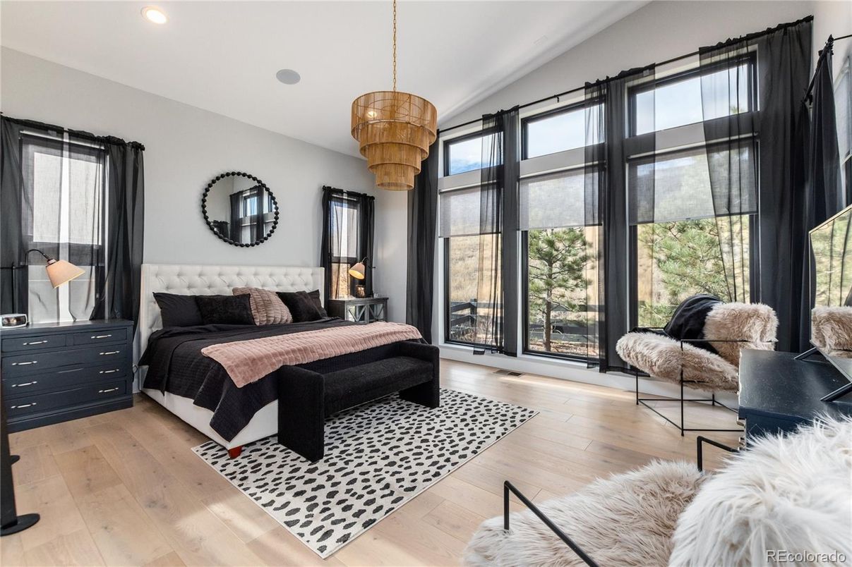 Bedroom, Chandelier, Interior, Pendant Lights, Recessed Lighting, Wood Texture Flooring
