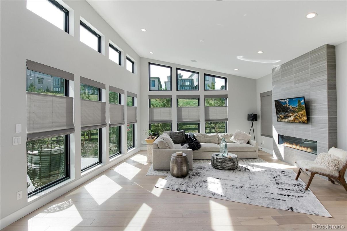 Fireplace, Interior, Living room, Recessed Lighting, Wood Texture Flooring