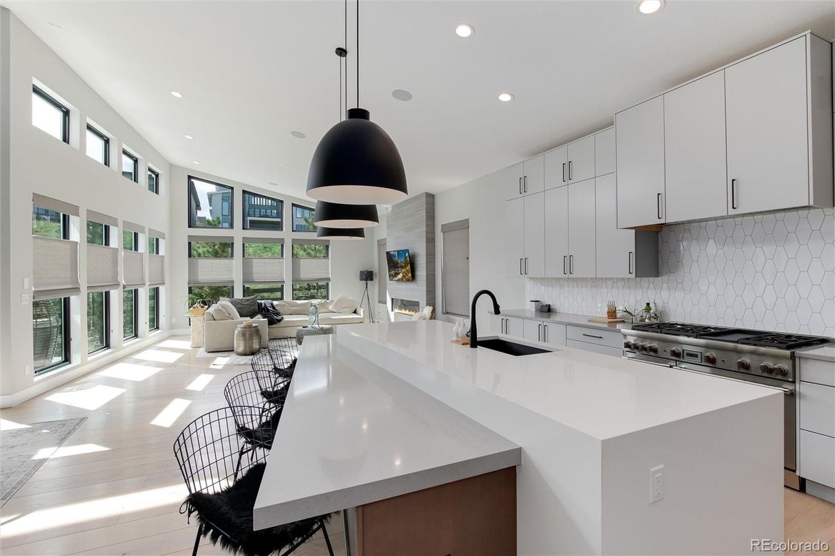 Interior, Kitchen, Living room, Pendant Lights, Recessed Lighting, Stainless Steel Appliances, Wood Texture Flooring