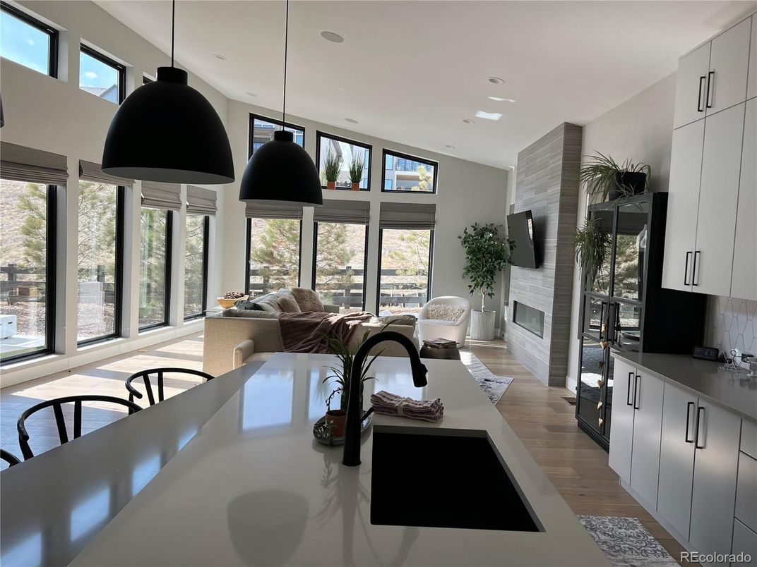 Fireplace, Interior, Kitchen, Pendant Lights, Recessed Lighting, Wood Texture Flooring