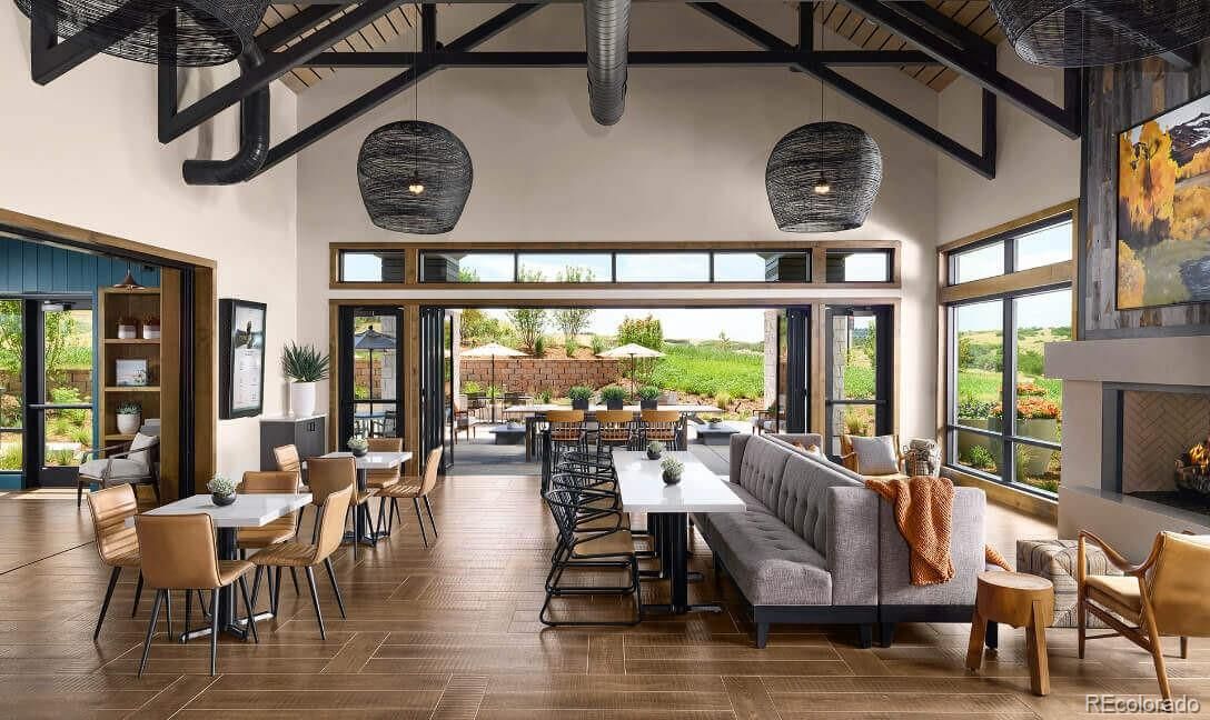 Dining room, Fireplace, Interior, Living room, Pendant Lights, Wooden Beams, Wooden Ceilings, Wood Texture Flooring