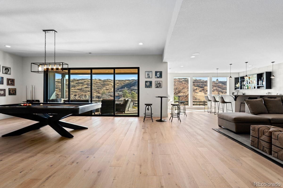 Billiard Table, Game Room, Interior, Pendant Lights, Recessed Lighting, Wood Texture Flooring