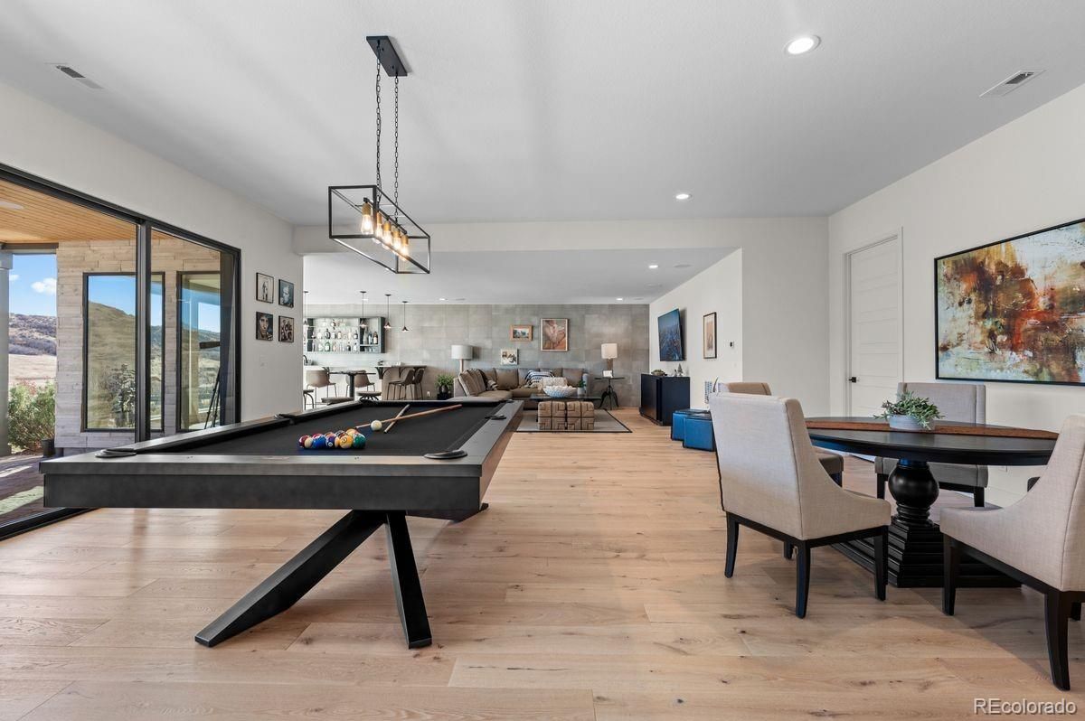 Billiard Table, Dining room, Game Room, Interior, Pendant Lights, Recessed Lighting, Wood Texture Flooring
