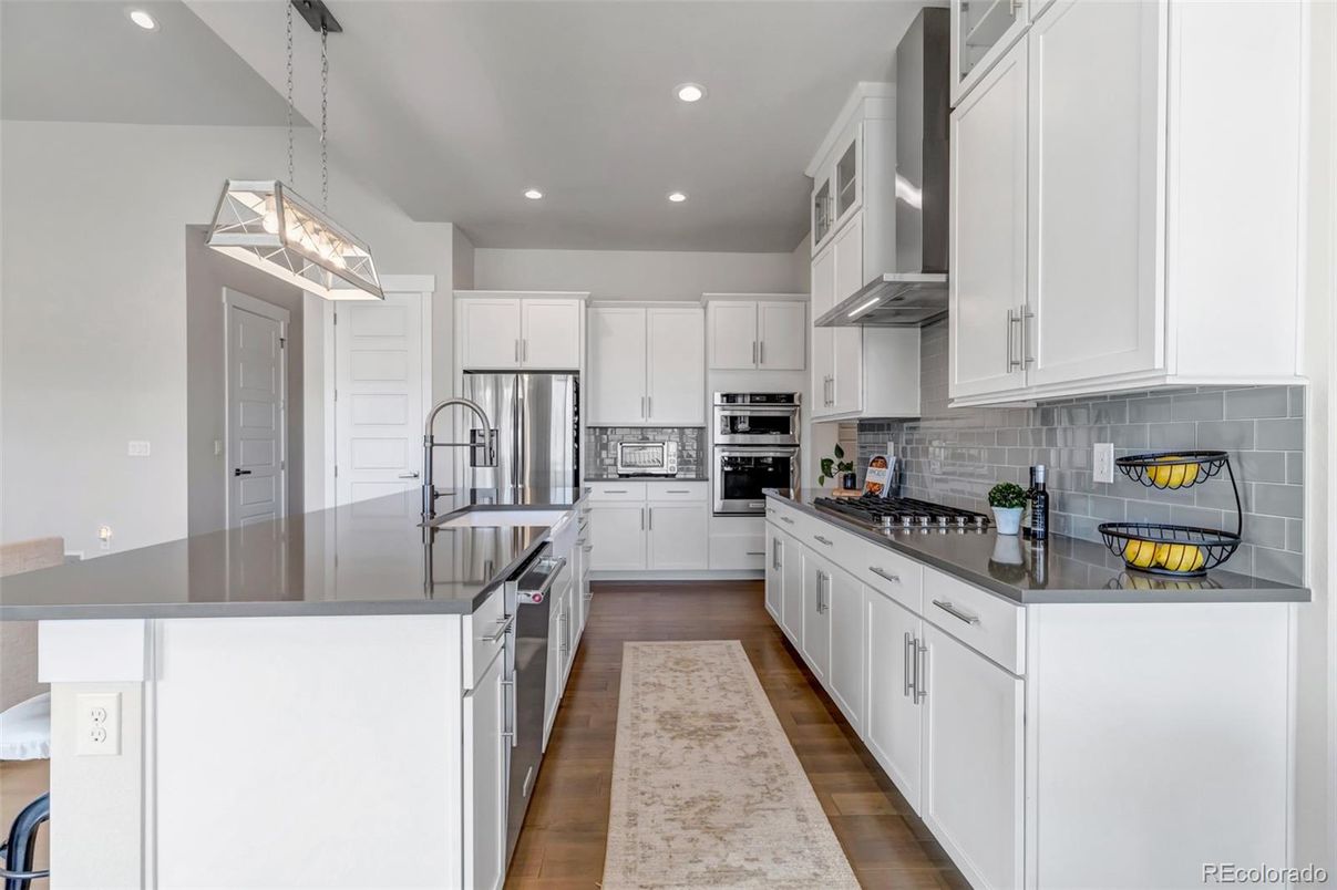 Interior, Kitchen, Pendant Lights, Recessed Lighting, Stainless Steel Appliances, Wood Texture Flooring