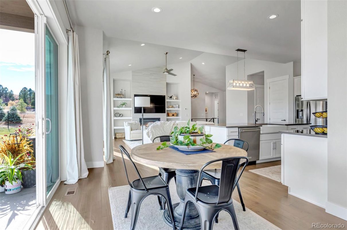 Dining room, Interior, Kitchen, Living room, Pendant Lights, Recessed Lighting, Stainless Steel Appliances, Wood Texture Flooring