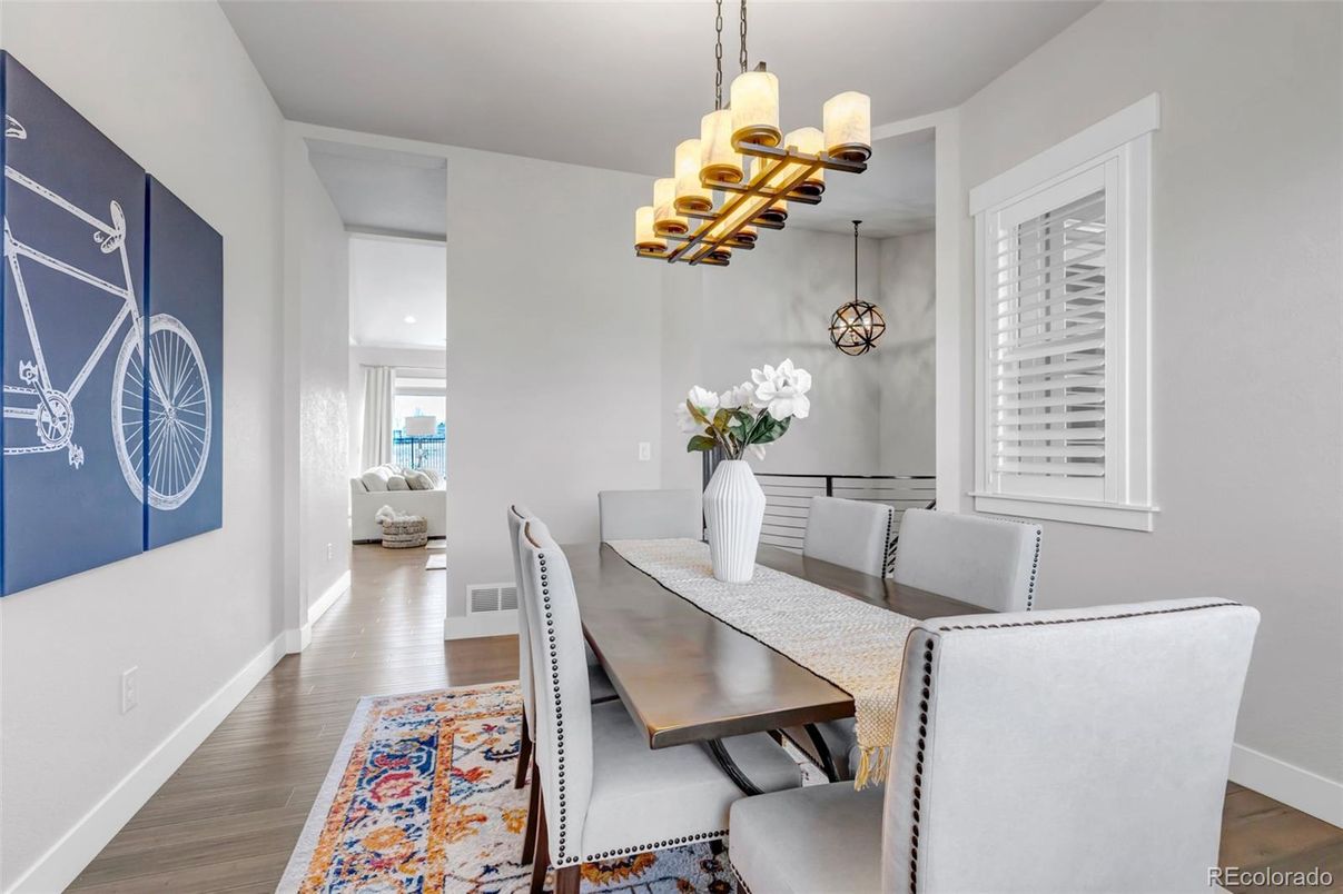 Dining room, Interior, Pendant Lights, Wood Texture Flooring