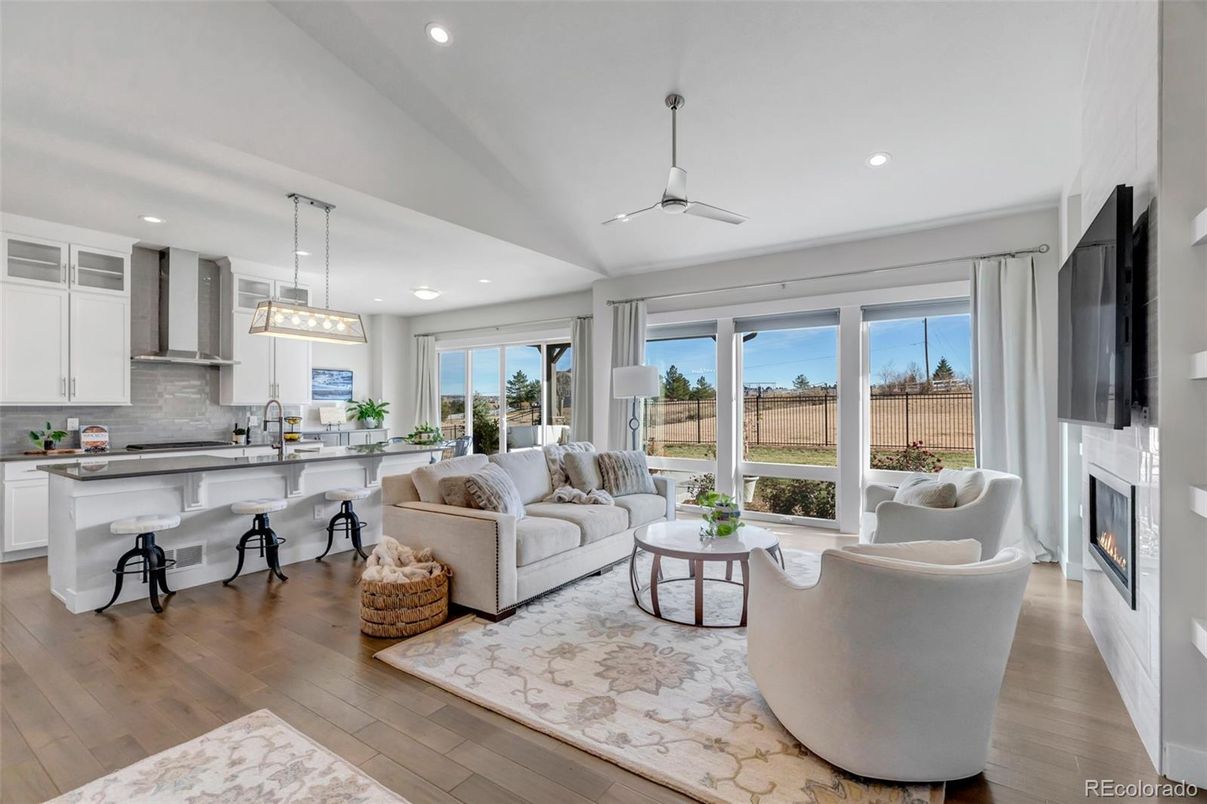 Fireplace, Interior, Kitchen, Living room, Pendant Lights, Recessed Lighting, Wood Texture Flooring