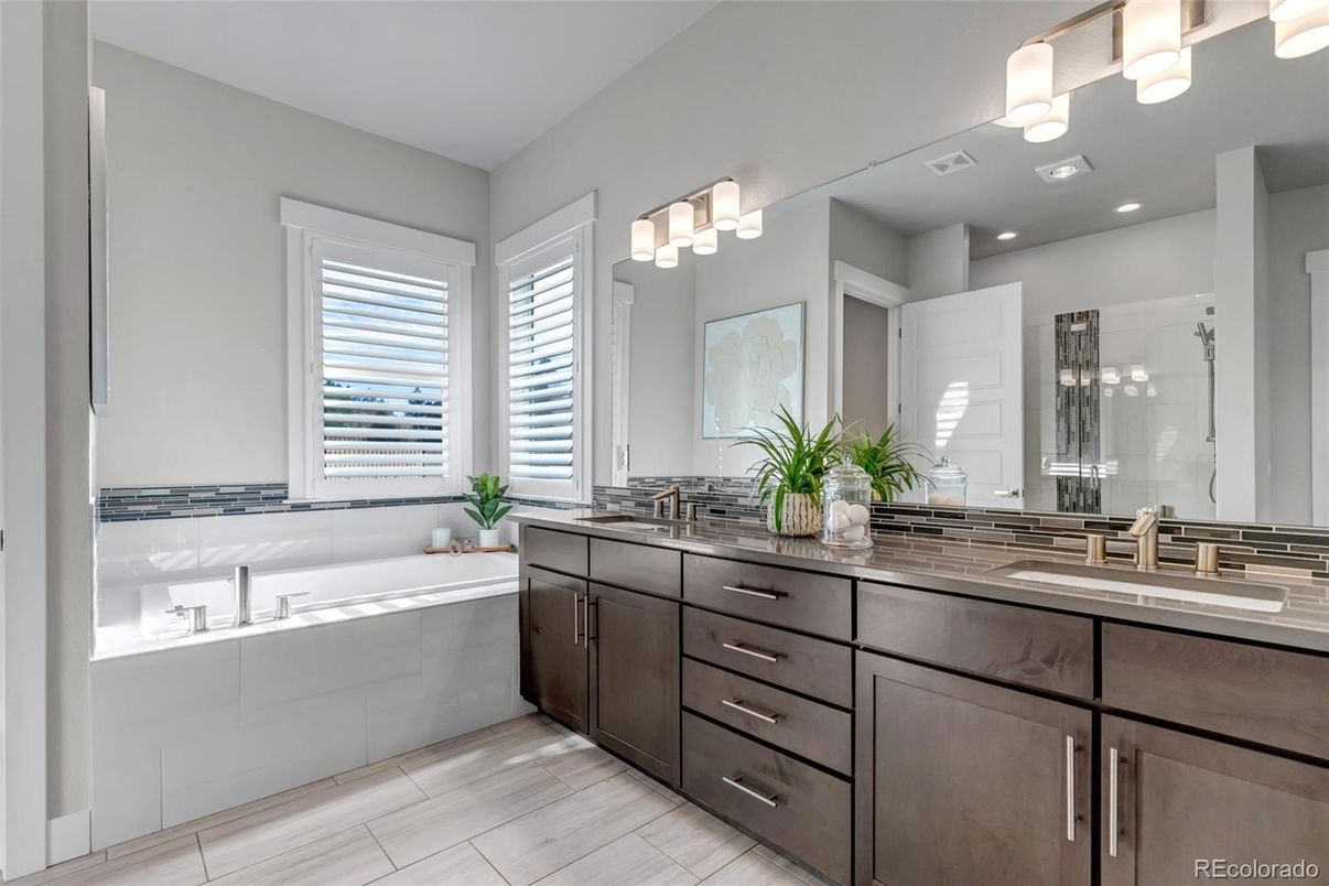 Bathroom, Dual Sink Vanities, Interior, Recessed Lighting, Wood Texture Flooring