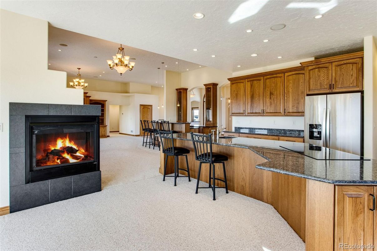 Chandelier, Fireplace, Interior, Kitchen, Pendant Lights, Recessed Lighting