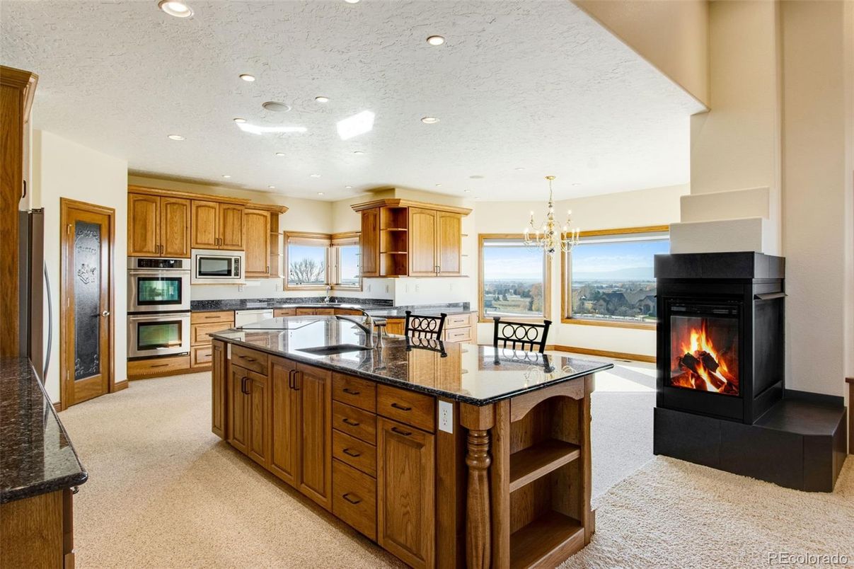 Chandelier, Dining room, Fireplace, Interior, Kitchen, Pendant Lights, Recessed Lighting