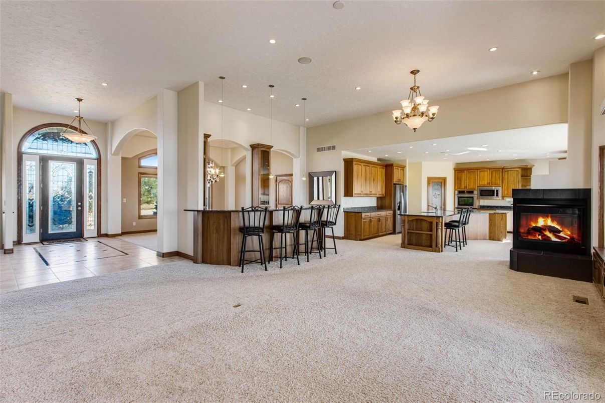 Chandelier, Fireplace, Interior, Kitchen, Pendant Lights, Recessed Lighting