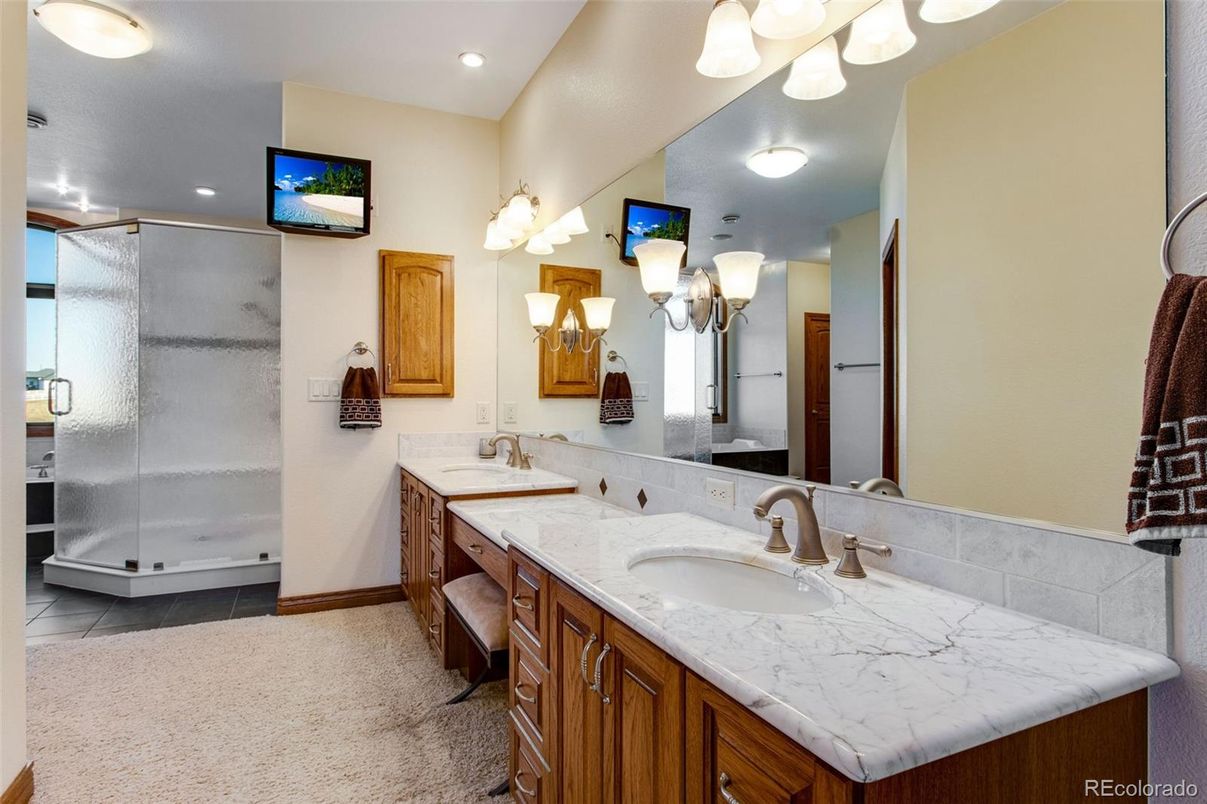 Bathroom, Dual Sink Vanities, Glass Shower, Interior, Recessed Lighting