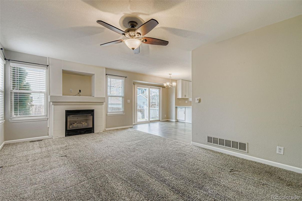 Chandelier, Empty room, Fireplace, Interior