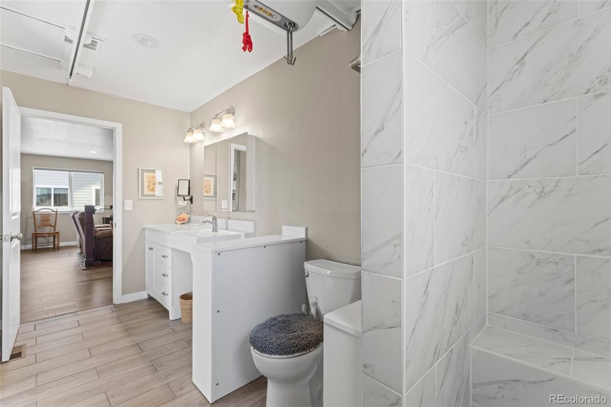 Bathroom, Interior, Marble Walls, Wood Texture Flooring