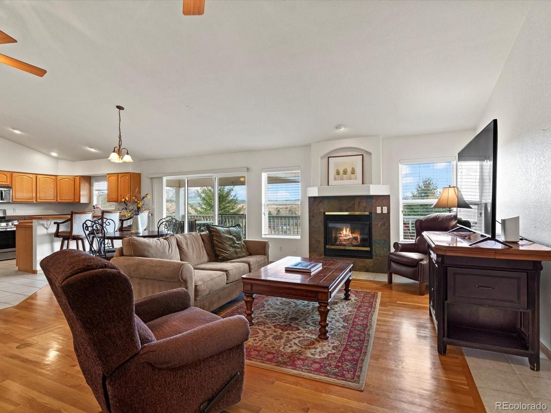 Dining room, Fireplace, Interior, Kitchen, Living room, Pendant Lights, Recessed Lighting, Wood Texture Flooring