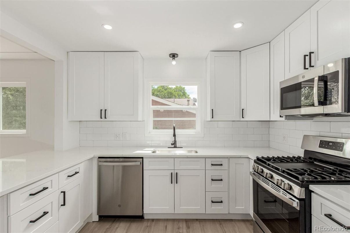 Interior, Kitchen, Recessed Lighting, Stainless Steel Appliances, Wood Texture Flooring