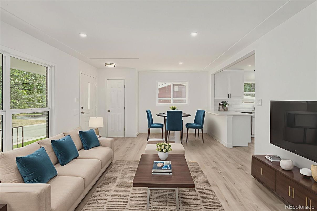 Dining room, Interior, Kitchen, Living room, Recessed Lighting, Wood Texture Flooring