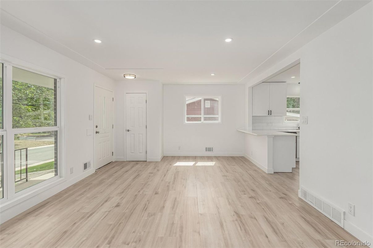 Empty room, Interior, Kitchen, Recessed Lighting, Wood Texture Flooring