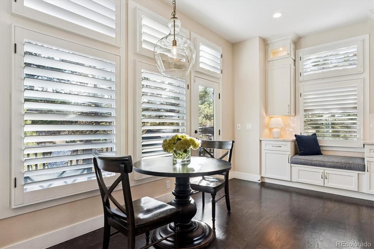 Dining room, Interior, Pendant Lights, Recessed Lighting, Wood Texture Flooring