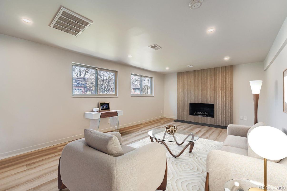 Fireplace, Interior, Living room, Recessed Lighting, Wood Texture Flooring