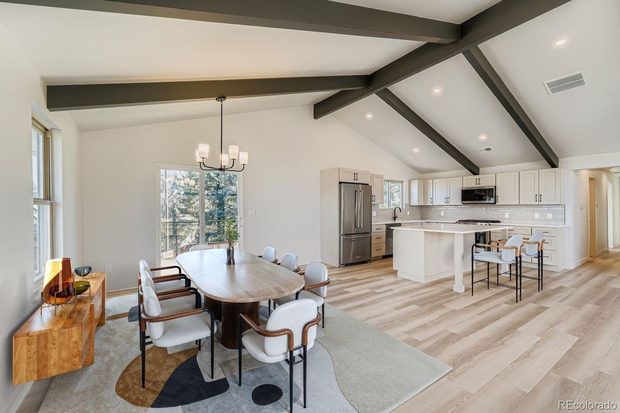 Chandelier, Dining room, Interior, Kitchen, Pendant Lights, Recessed Lighting, Stainless Steel Appliances, Wooden Beams, Wood Texture Flooring